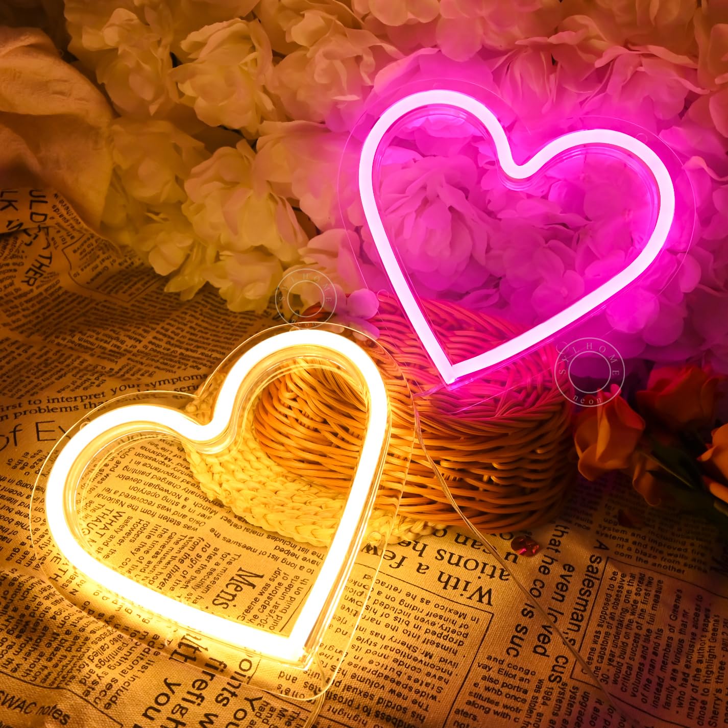 SYLHOME 2 Pack Heart Led Neon Light Sign Battery Operated or USB Powered Bedroom Wedding Wall Sign Decor Birthday Christmas Gifts USB 7.87" X 7.28" Pink & Warm White
