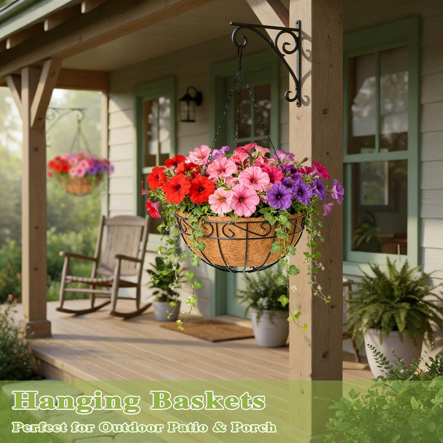 Qusuxi 4 Pack 14 Inch Hanging Baskets for Plants Outdoor Metal Hanging Planter Hanging Flower Baskets with Coco Fiber Liners Chain Round Wire Plant Holder Hangings Flower Pots(Plaid)