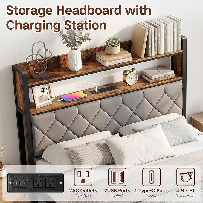 Full Size Bed Frame with Dual-Layer Headboard and Footboard, Bed Frame Full