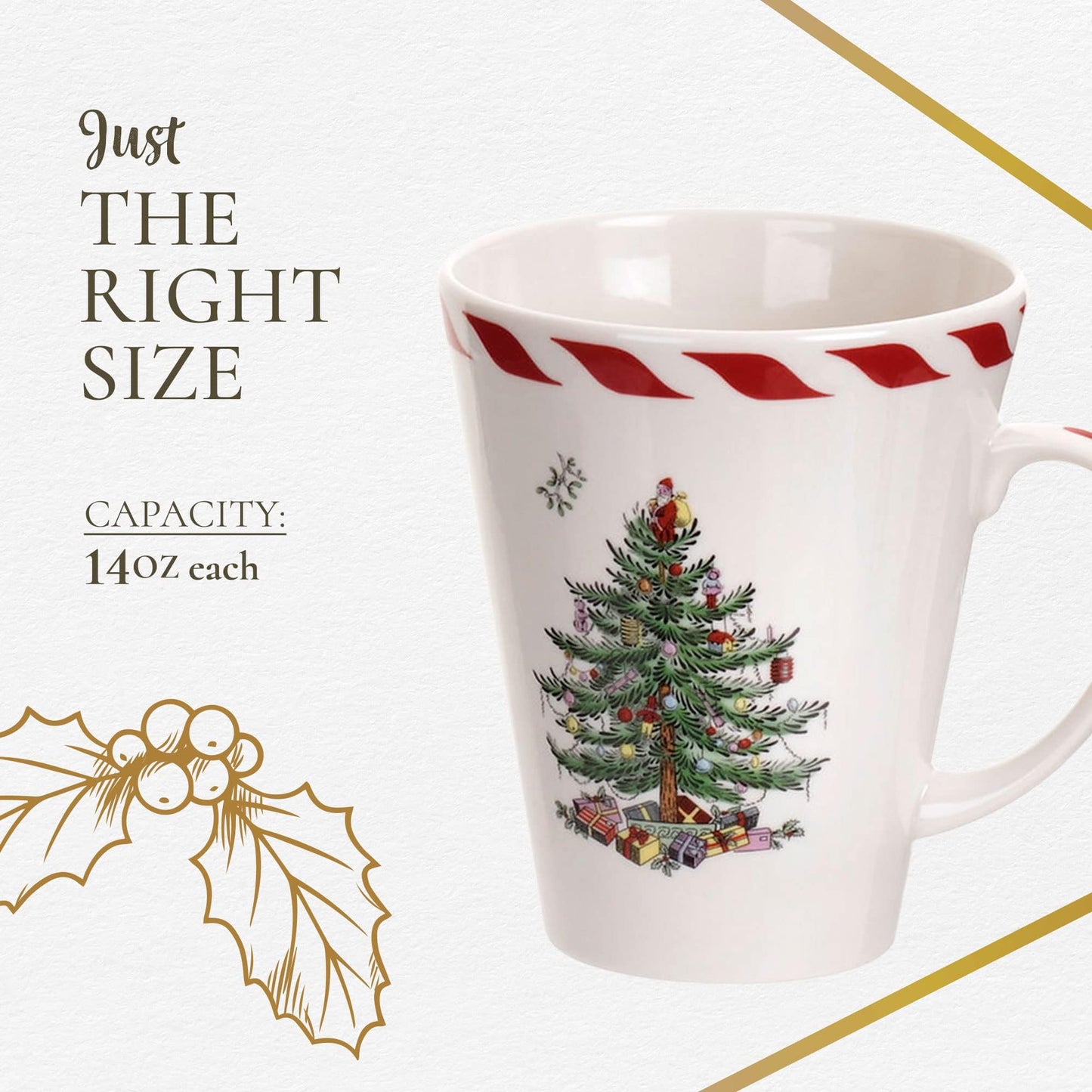 Spode Christmas Tree Peppermint 14oz Mug & Spoon Set (4-Piece) - Festive Earthenware with Candy Cane Motif, Mug for Hot Chocolate, Coffee, Holiday Mornings - Christmas Drinkware