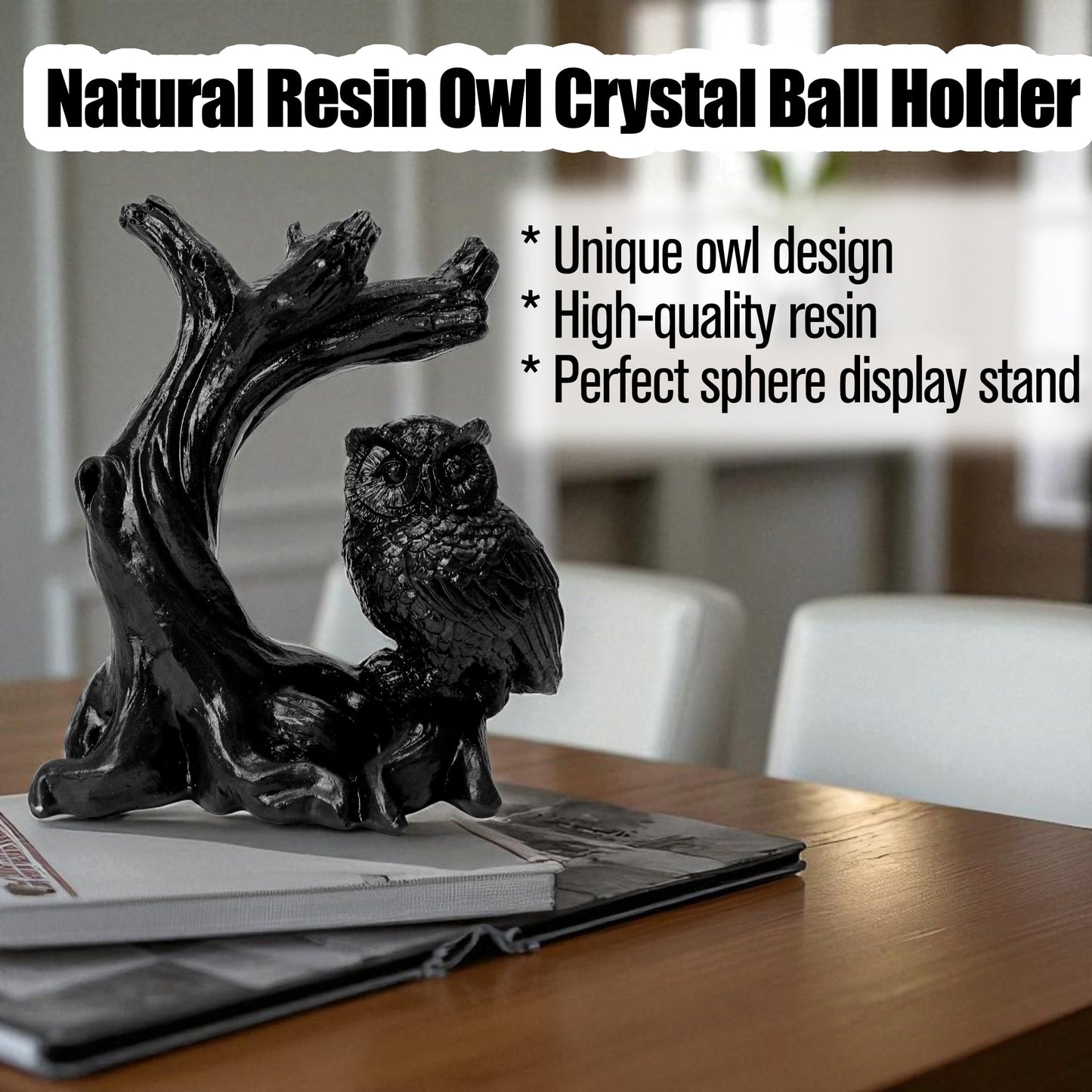KH866 Owl Sphere Holder Crystal Stand Ball Resin Display – 4.92''x4.06'' Natural Quartz Wood Base Figurine, Stable Desktop Decoration for Bedroom, Office, Living Room, Study – Crystal Ball Decor Gift