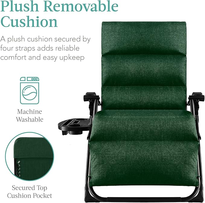 Best Choice Products Oversized Zero Gravity Chair, Folding Outdoor Patio Recliner, XL Anti Gravity Lounger w/Removable Cushion, Cup Holder, Side Tray, 350lb Capacity - Forest Green