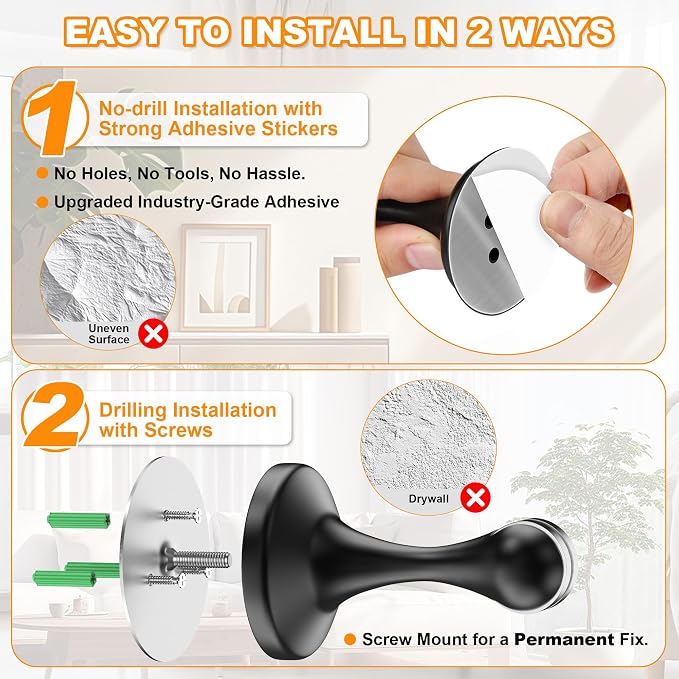 Crosize Magnetic Door Stoppers 4 Pack, Stainless Steel Door Stops for Wall and Floor Mounting, Door Holder Keep Door Open, No Drilling Door Stop with 3D Adhesive Tapes, Black