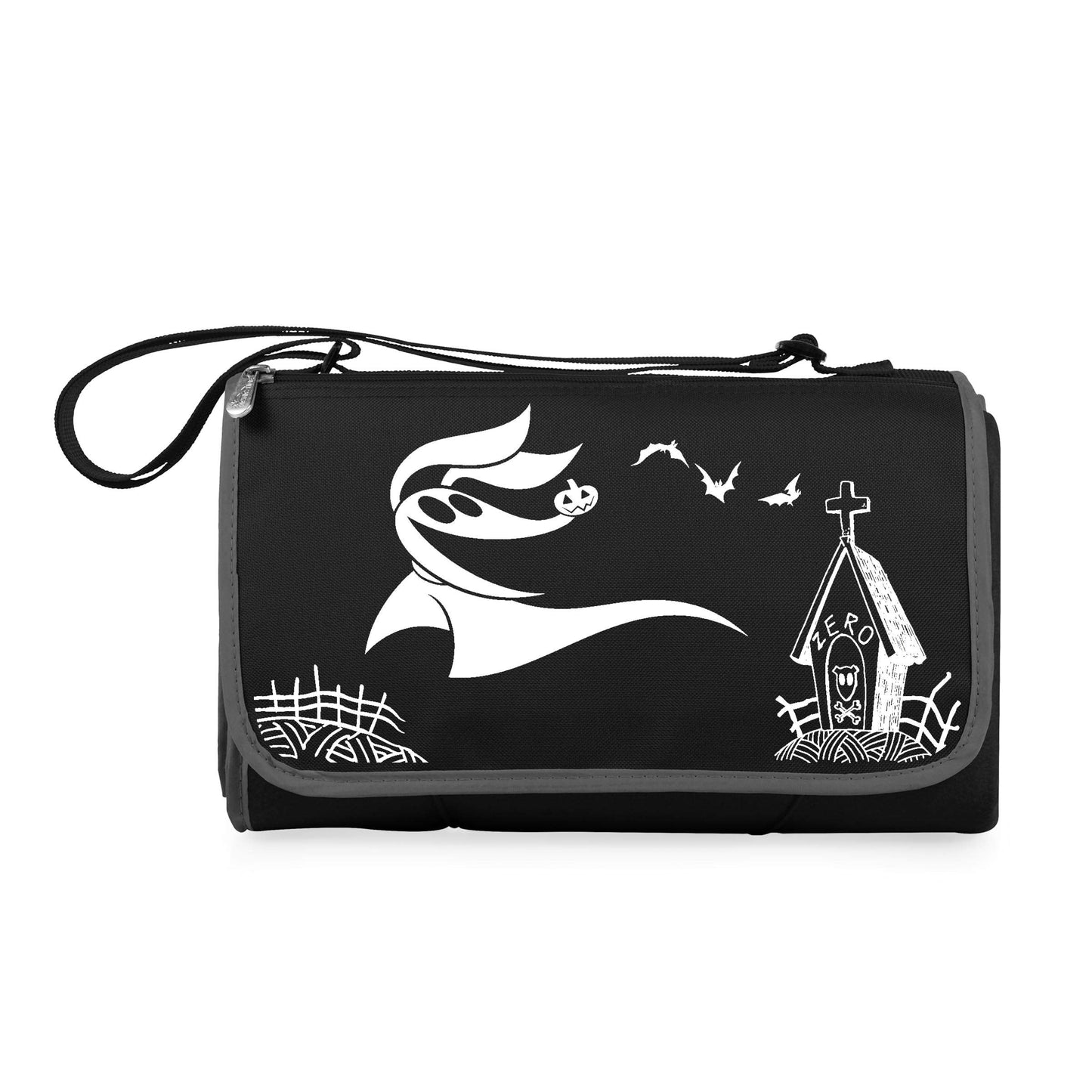Picnic TIME Disney Nightmare Before Christmas Zero Blanket Tote Picnic Blanket, Folding Outdoor Beach and Camping Blanket with Carry Tote and Zipper Pocket, Water Resistant Fleece, (Black)