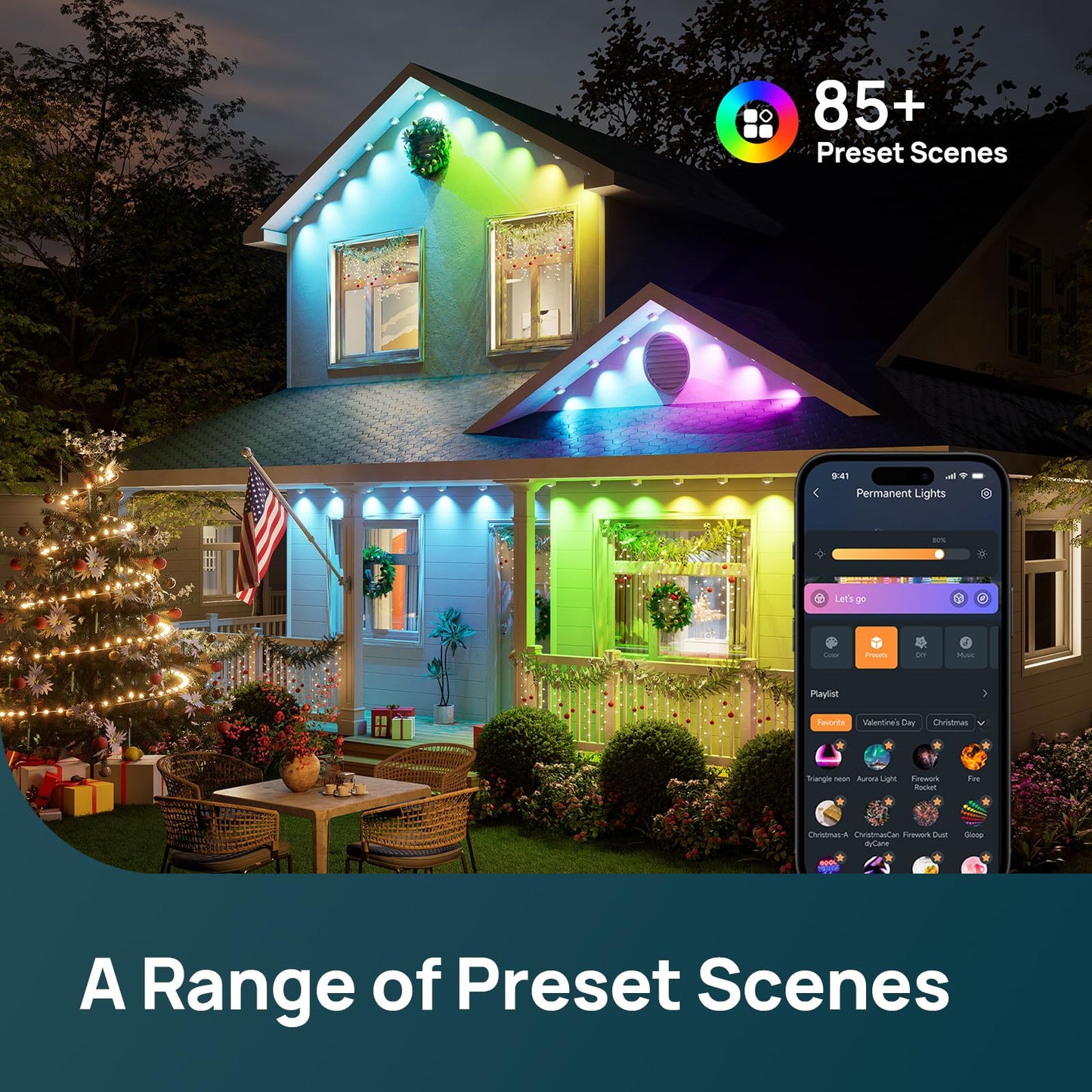 Linkind Permanent Outdoor Lights HP5,Smart AI RGBTW 150ft Christmas Lights, 85 Scenes Modes for Daily Holiday Christmas Decorations,IP67 Waterproof, Compatible with Alexa,Google Assistant