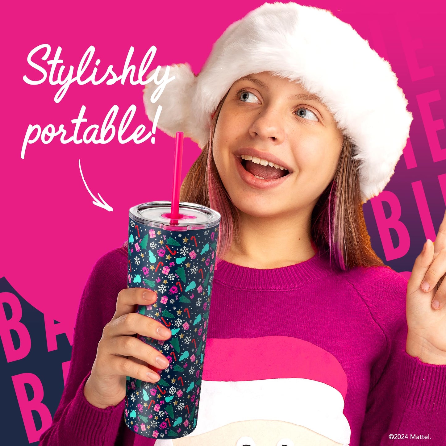Dragon Glassware x Barbie 24 oz Insulated Stainless Steel Tumbler with Lid and 2 Straws - Festive Holiday Travel Coffee Tumbler Cup to Keep Drinks Hot or Cold, Fits Cup Holders - Christmas Theme