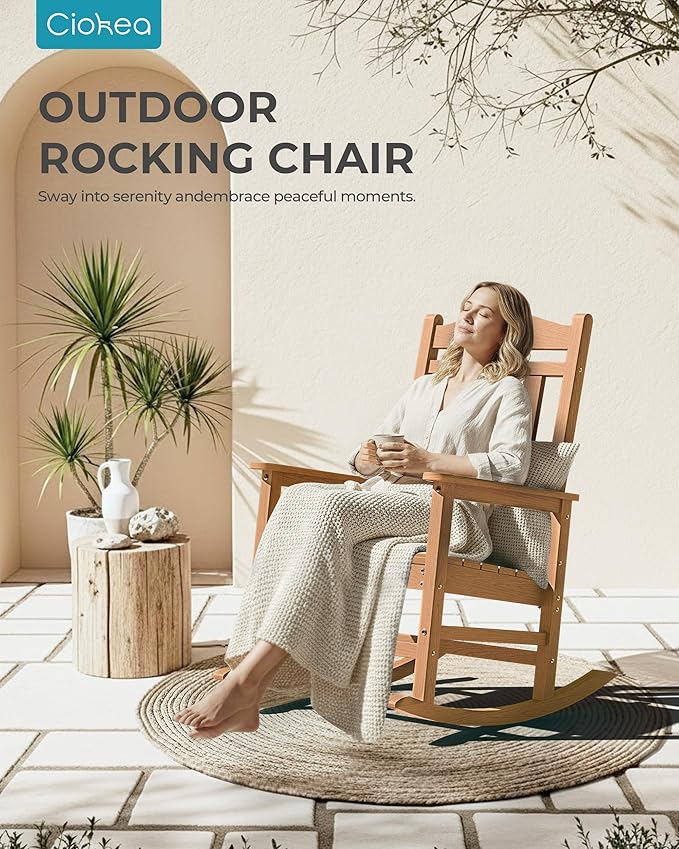 Ciokea Oversized Outdoor Rocking Chairs Set of 2, 380lbs Heavy-Duty Large Patio Rocker, High Back Cozy Porch Chairs, Weather Resistant Patio Rocking Chairs for Outside, Fire Pit, Deck, Teak