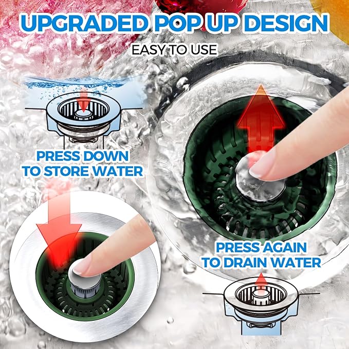 Upgraded 3in1 Kitchen Sink Drain Strainer & Sink Stopper, Stainless Steel
