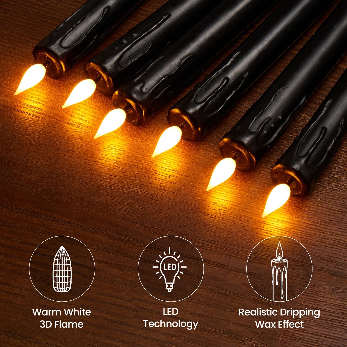 Velsyn Black Flameless Taper Candles with Remote and Timer - 9.65 Inch Real Wax LED Candlesticks - Wax Drip Battery Operated Halloween Taper Candles with 3D Flickering Flame Halloween Decor, 3 Pack