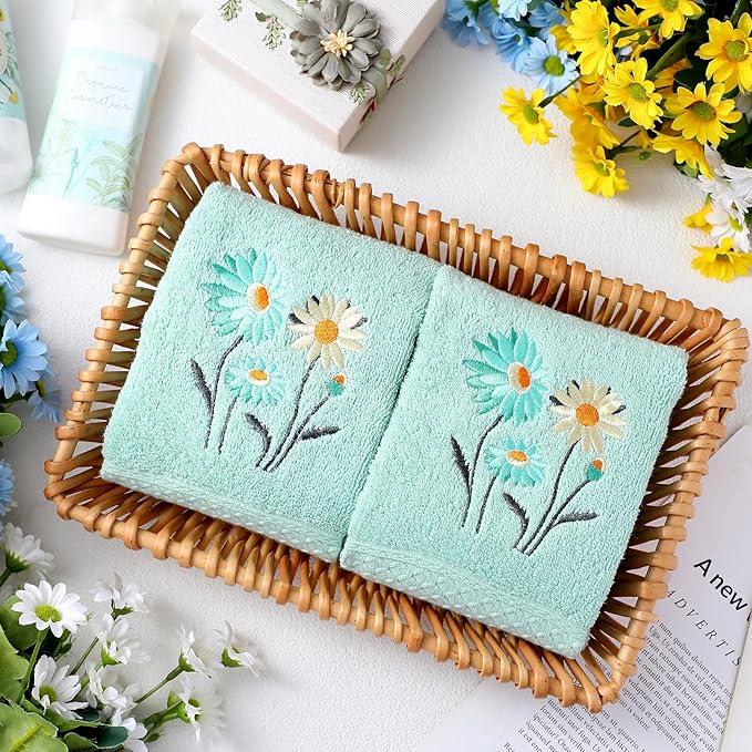 2 Pcs Daisy Hand Towels Teal Flower Bathroom Decor 14x29 Inch Embroidered 100%