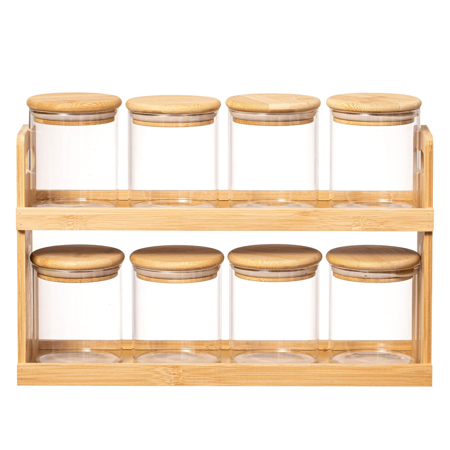 Basicwise Versatile 2-Tier Bamboo Spice Rack and Pantry Organizer with 8 Glass Jars – Perfect for Countertop Storage in Kitchens to Keep Seasoning Containers Neatly Displayed and Easily Accessible