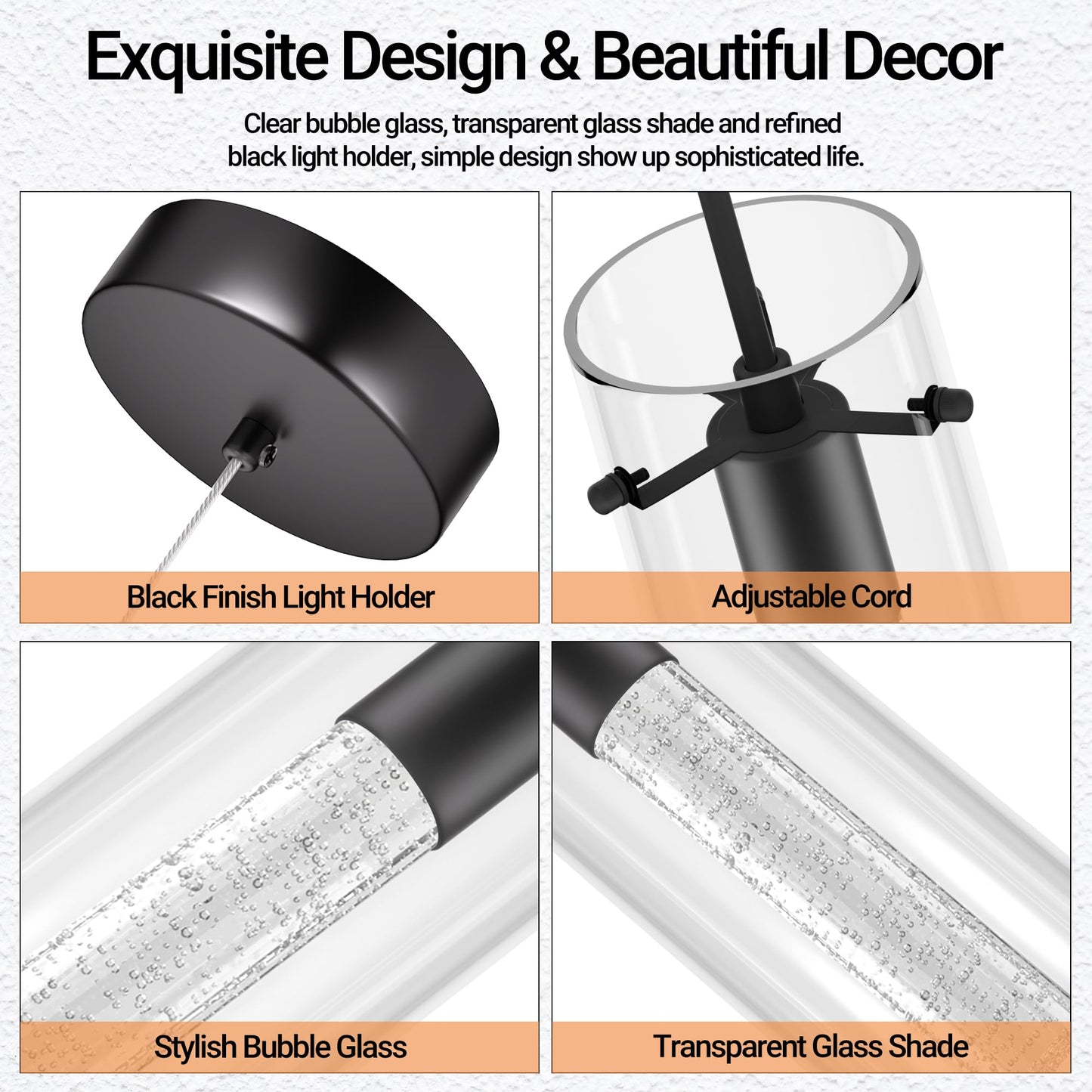 Esfos Pendant Ceiling Light Fixture, 6500K LED Kitchen Lighting Crystal Pendant Lights Kitchen Island Brushed Black, Glass Kitchen Hanging Light Fixture Modern Island Light with Crystal Bubble 3 Pack