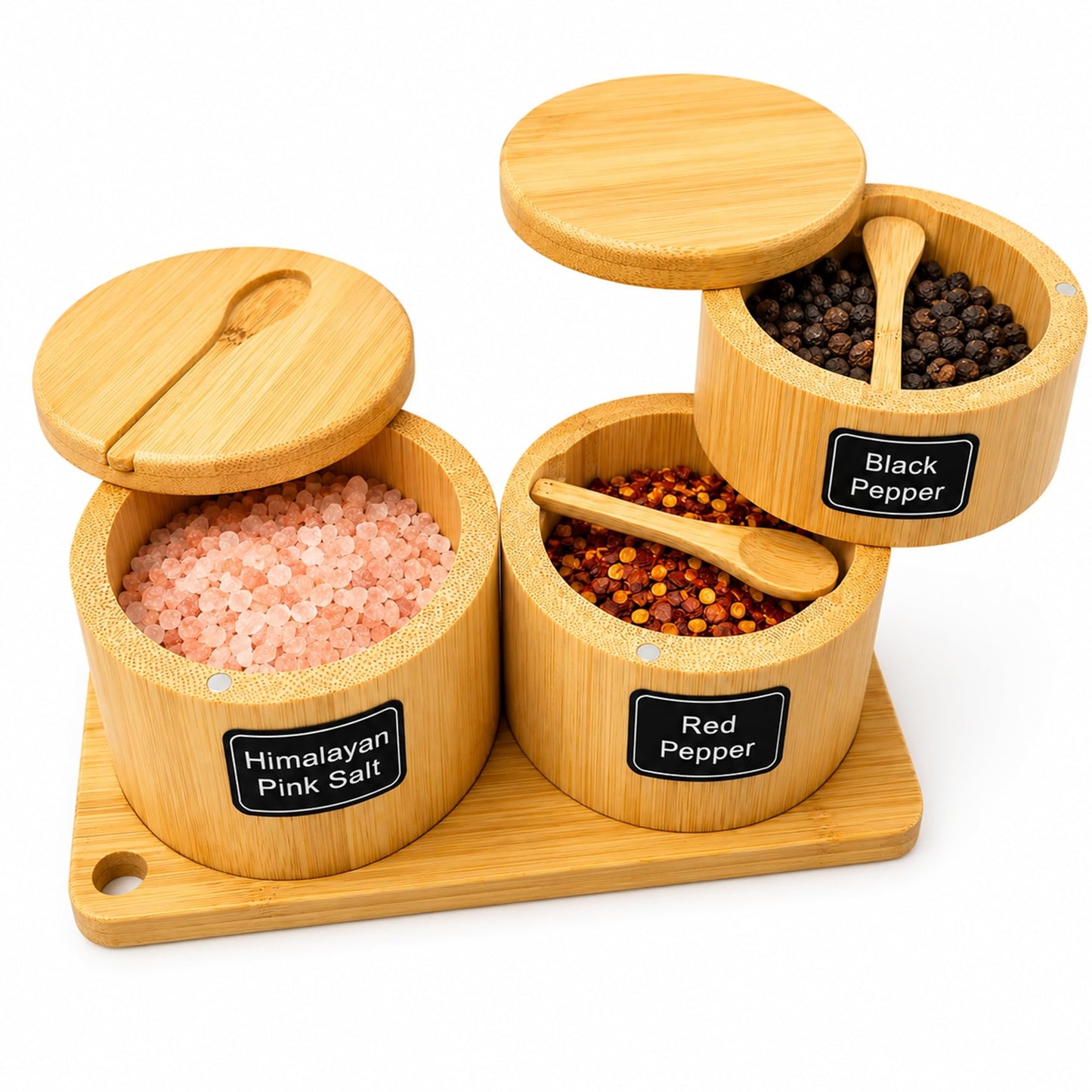 Bamboo Salt Cellar Set with Tray, Single & Double-Tier Salt and Pepper Cellar with Spoon & Magnetic Swivel Lid, 16 Labels, Spice Containers for Salt, Sugar, Pepper, Spices, Kitchen Organizer 9OZ Each