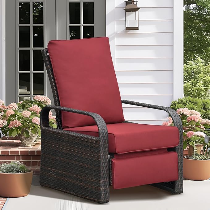 Outdoor Recliner, Outdoor Resin Wicker Patio Recliner Chair with 5.5'' Cushions, Patio Furniture Auto Adjustable Rattan Sofa, UV/Fade/Water/Sweat/Rust Protected, Easy to Assemble (Red)