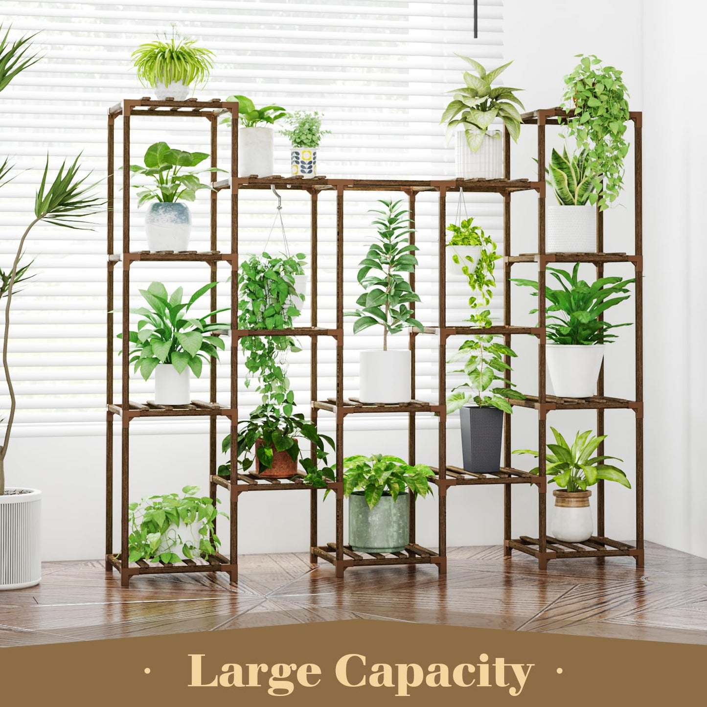 Bamworld Large Hanging Plant Stand Indoor Tall Plant Shelf Outdoor 14 Pots Large Plant Rack for Living Room Patio, Balcony and Garden