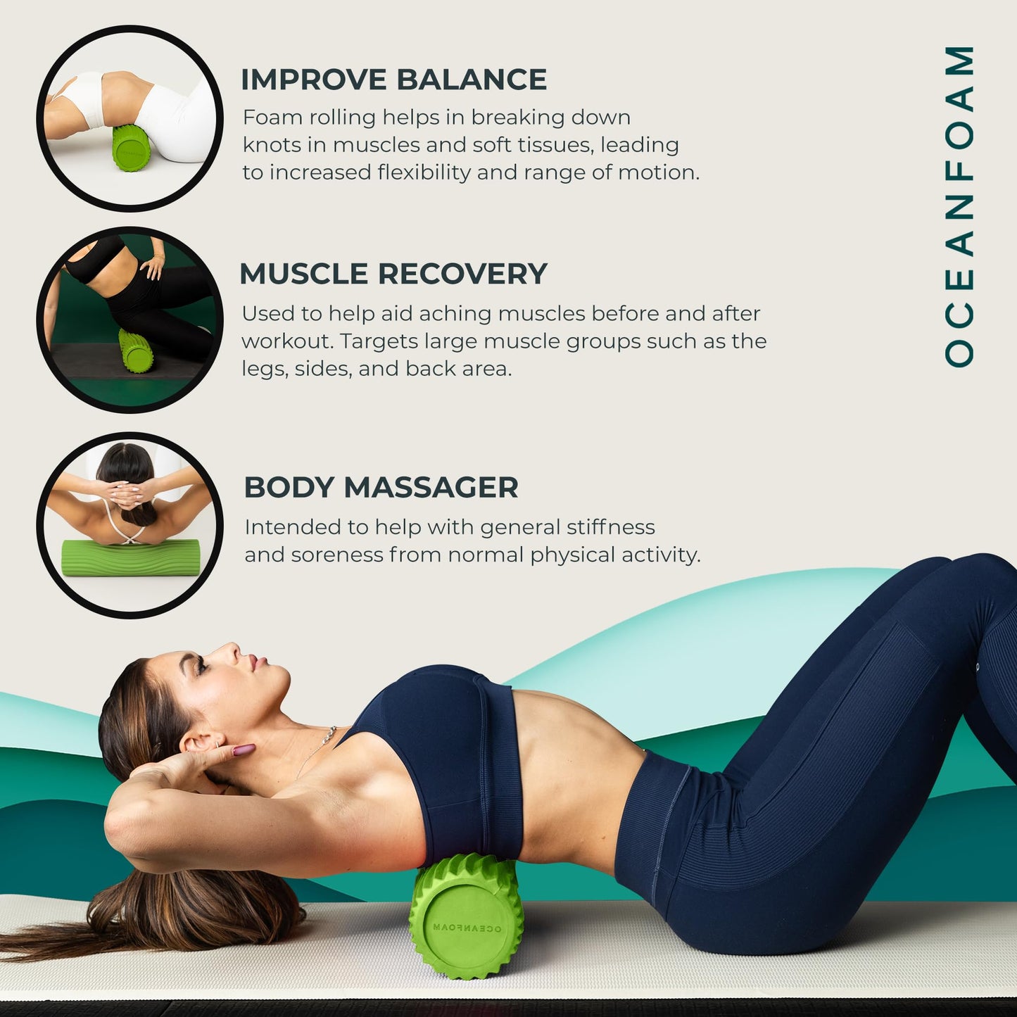 Oceanfoam Tidal Roller - Black Marbled - Muscle Massage Foam Roller for Back Pain & Stretching - Firm and Ergonomic Wide Wave Textured - Yoga, Athletics, & Wellness - Full Size, 20" x 5"