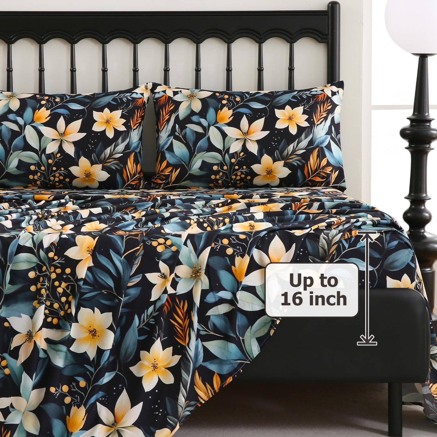 CozySmile 4 Pieces King Sheet Set Floral, Boho Sheets Soft Microfiber Deep Pocket, Floral Sheets (King, Tranquil Night Lily)
