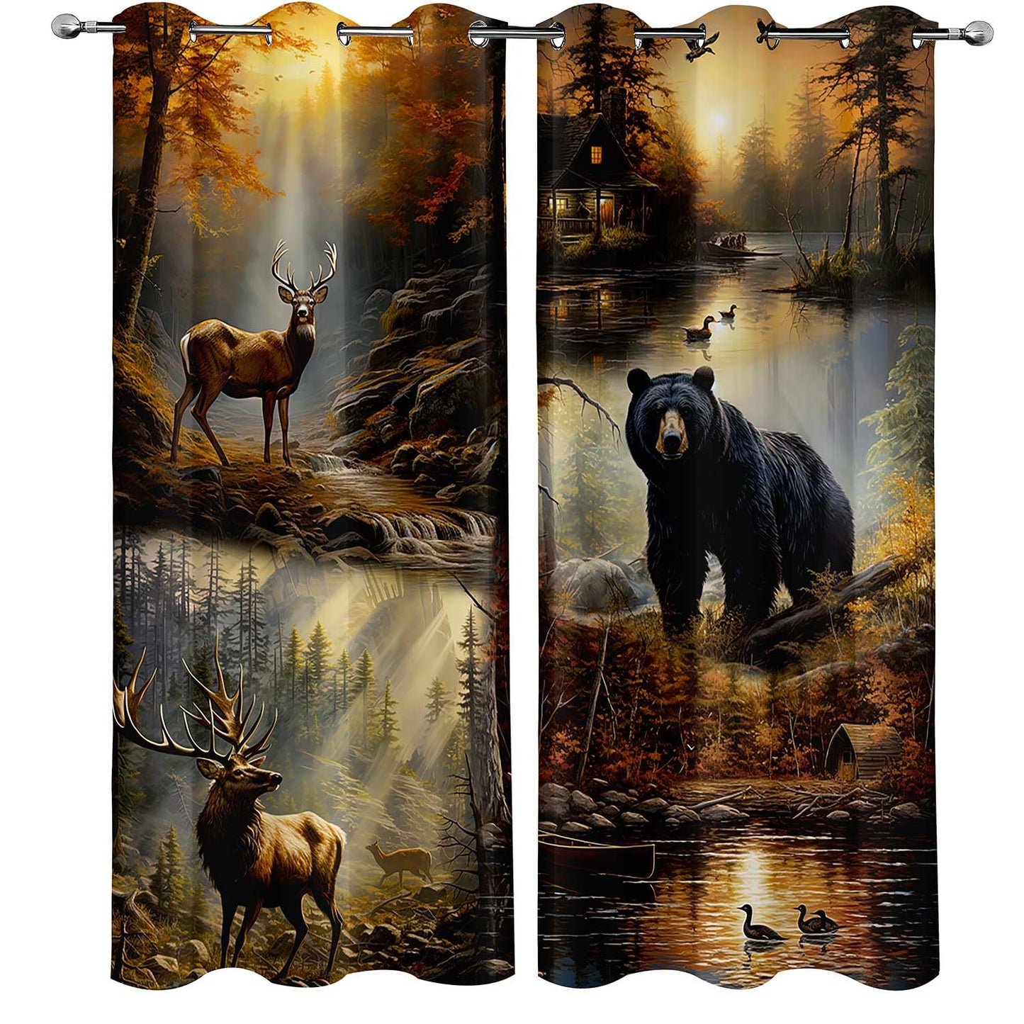 LUVIVIHOME Rustic Cabin Blackout Curtains, Deer Moose Black Bear Curtains for Bedroom, Forest Animal Wildlife Mallard Duck Country Farmhouse Hunting Room Decor Window Curtains 2 Panel Sets, 42x84 Inch