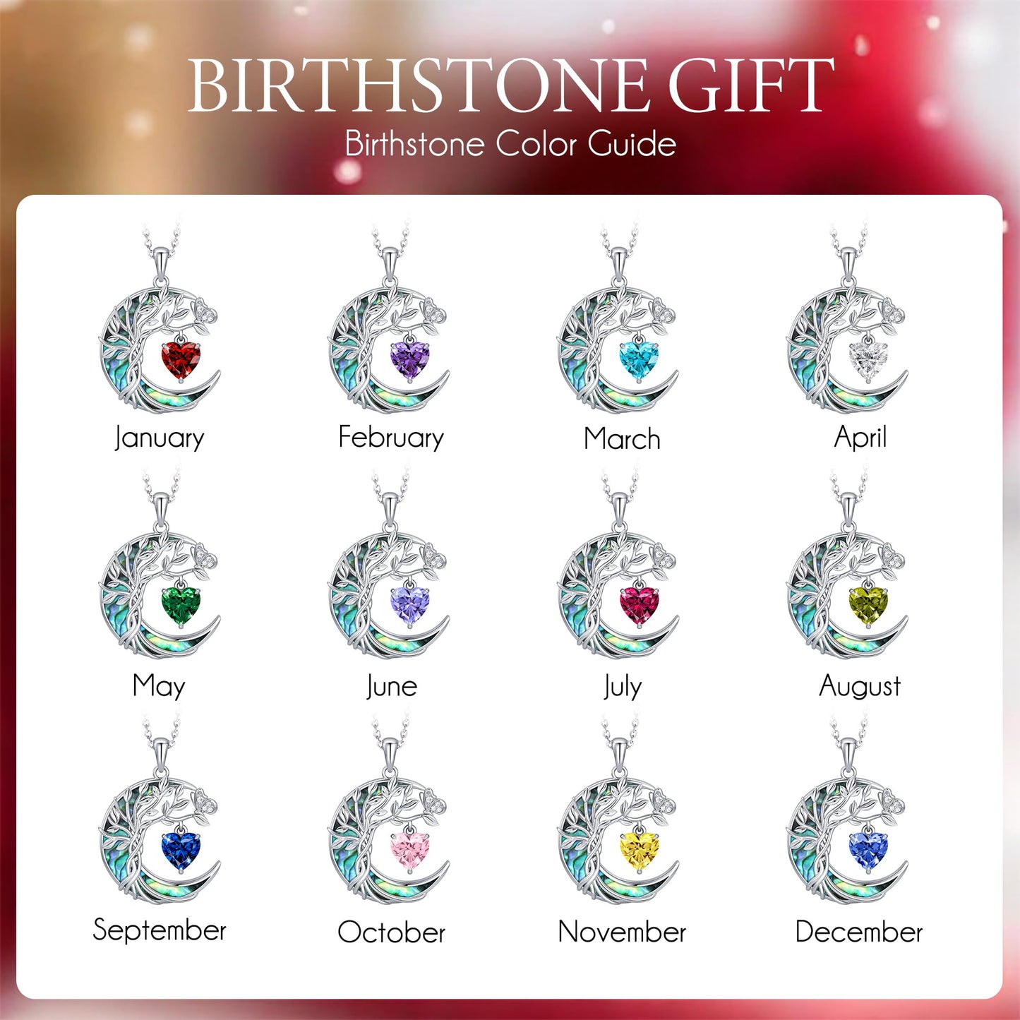 Distance Tree of Life Birthstone Necklace for Women, S925 Sterling Silver Premium Abalone Shell Moon Pendant August Heart Birthstone Necklace, Peridot Jewelry Christmas Birthday Gifts for Her Mom Wife
