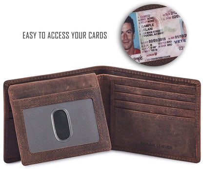 Bifold Wallet for Men's Real Genuine Slim Leather RFID Blocking 2 ID Windows Stylish Travel Gift Box (CRAZY HORSE, COGNAC)