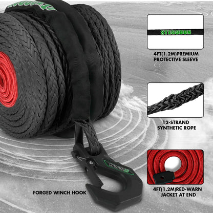 STEGODON Winch Rope 1/2 in x 85 ft Synthetic Winch Rope Kit,32000 LBS Winch Line Cable with Soft Shackle,Winch Hook and Safety Pull Strap for 4WD Off Road Vehicle Truck (Black)