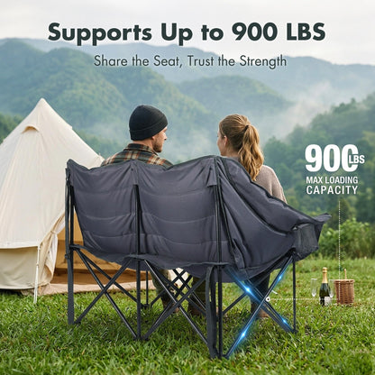 VILLEY Oversized Double Camping Chair, Heavy-Duty Folding Loveseat Camp Chair with Cup Holders, 2 Person Outdoor Chair Supports up to 900 lbs for Camping, Beach, Lawn & Sports, Grey