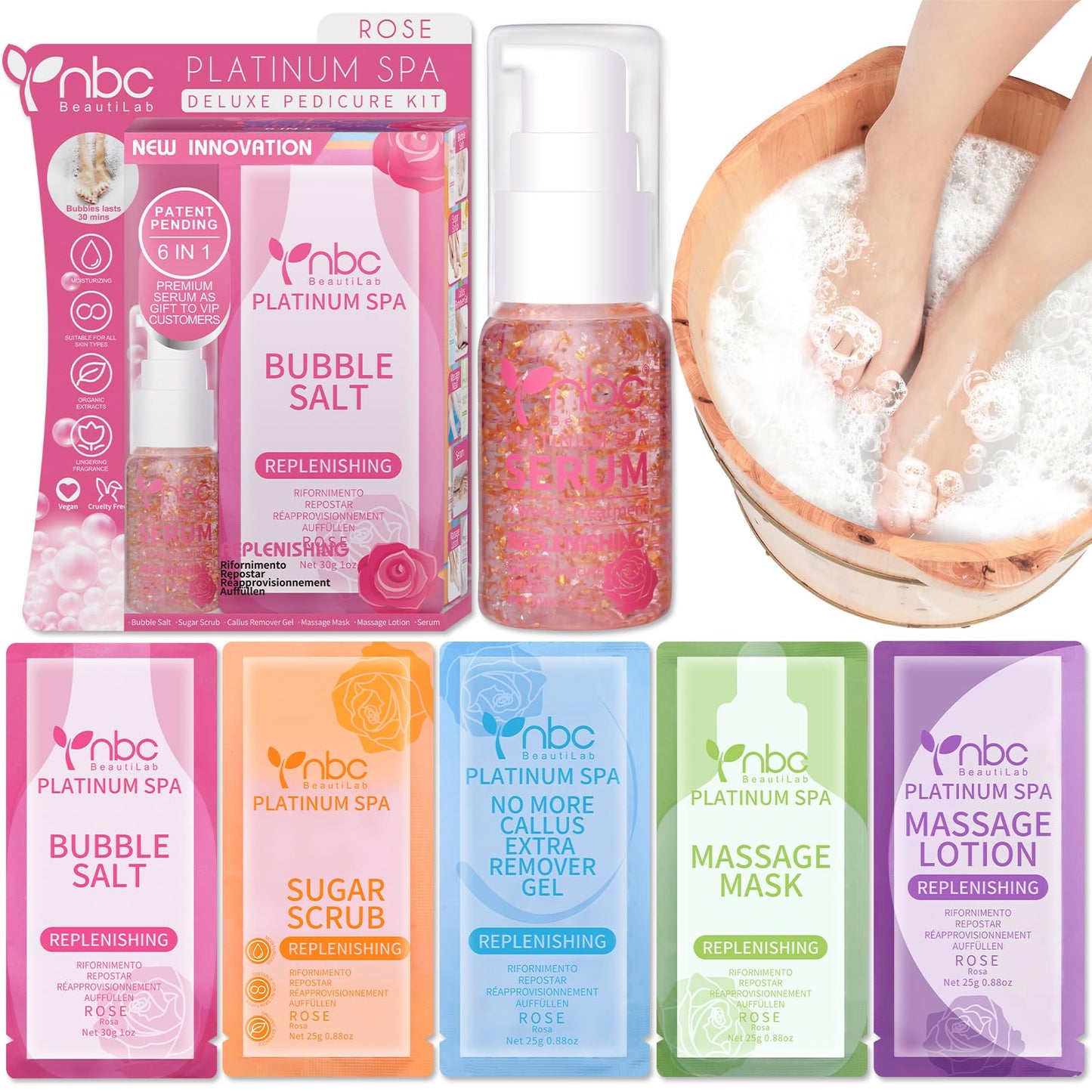 Pedicure Kit Foot Soak Set: Bubble Salt, Sugar Scrub, Massage Mask, Massage Lotion in a Box, 4 Step Foot Spa Kit for Dry Feet,Tired Feet（3 Set Tropical Fruit)