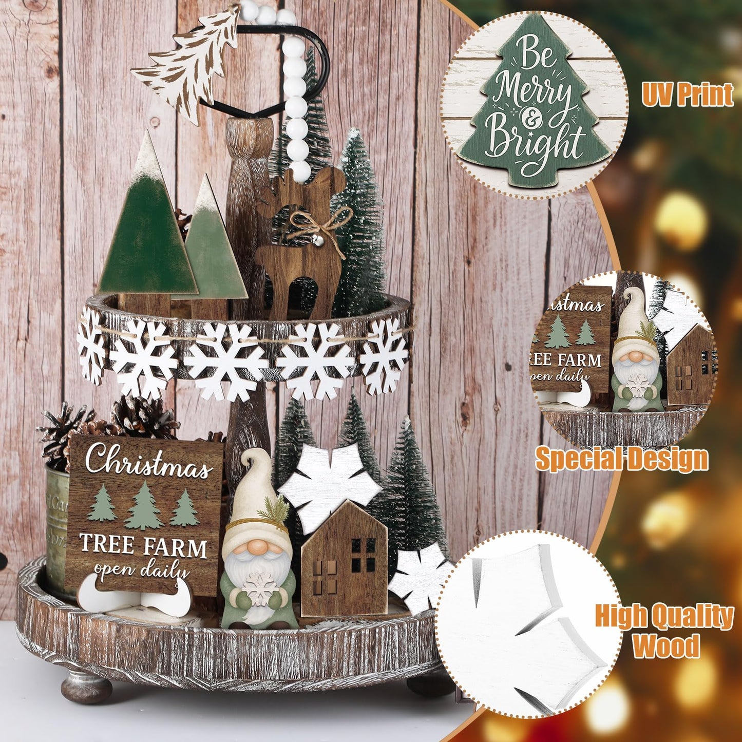 Yalikop 20 Pcs Neutral Sage Green Christmas Tiered Tray Decor Set Farmhouse Rustic Snowflake Xmas Tree Wood Table Centerpiece Decoration Tabletop Sign for Winter Home Kitchen Festival