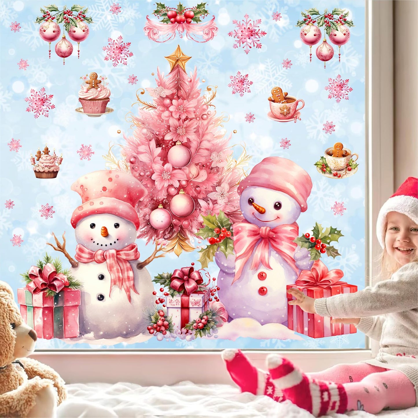 Pink Christmas Window Clings Removable Snowman Static Decals Indoor Home Decoration Double-Sided Xmas Tree Stickers for Glass Winter Pine Tree Snowflakes Cling for Living Room Holiday Party Supplies