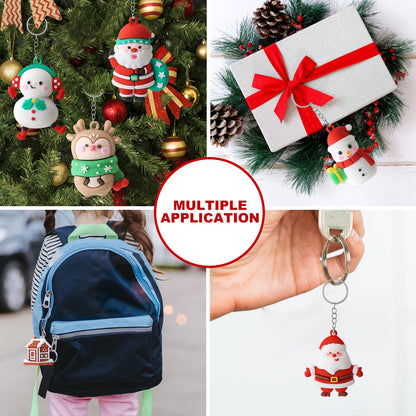 Becfupo 20 Pcs Christmas Rubber Keychains Bulk, 3D Santa Claus Snowman Xmas Tree Reindeer Hanging Ornaments With Keyrings For Christmas Tree Decoration, Xmas Party Craft Supplies