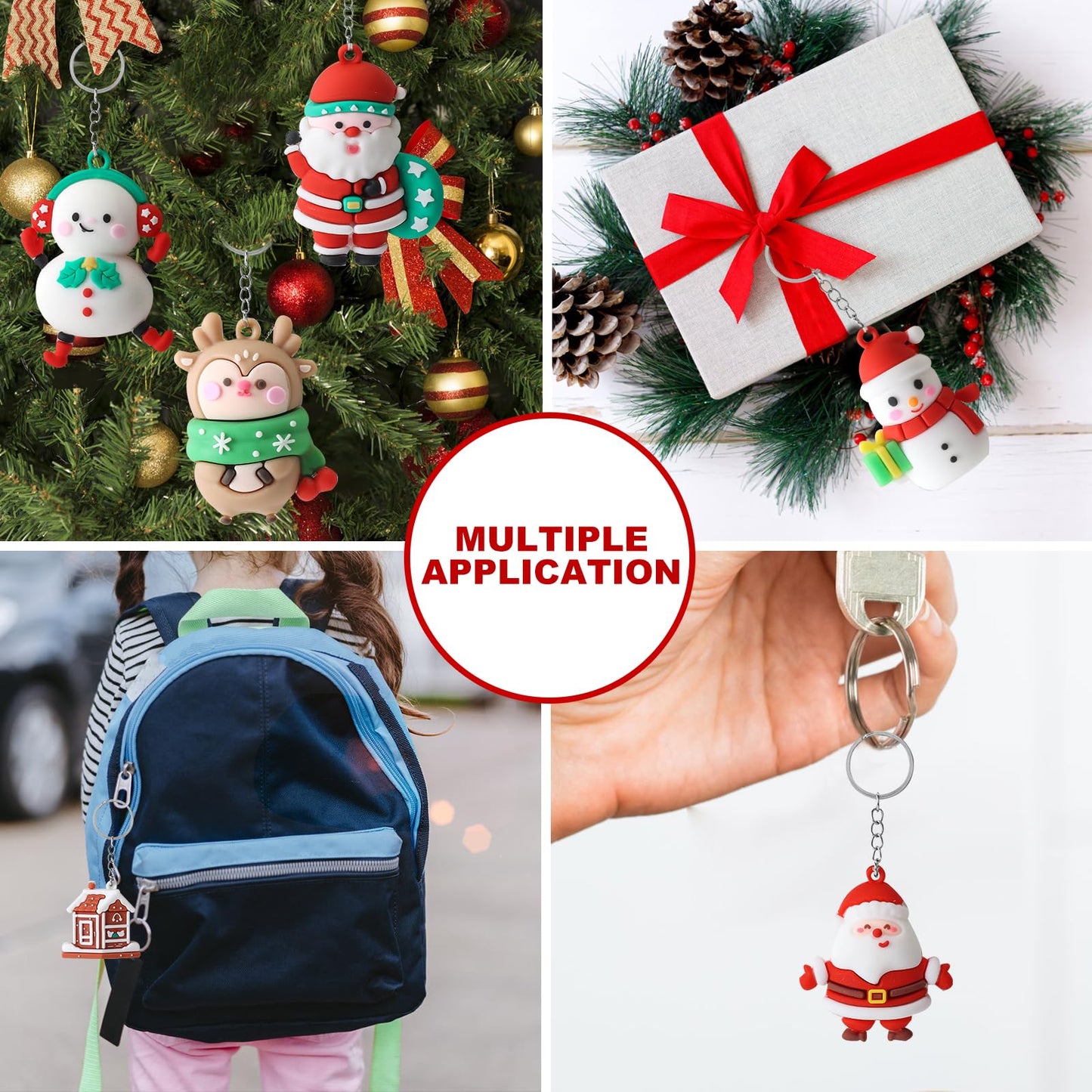Becfupo 100 Pcs Christmas Rubber Keychains Bulk, 3D Santa Claus Snowman Xmas Tree Reindeer Hanging Ornaments With Keyrings For Christmas Tree Decoration, Xmas Party Supplies