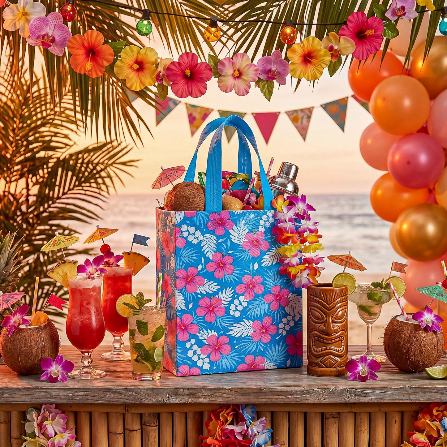 Threlaco 60 Pcs Summer Hawaiian Hibiscus Gift Bags Non Woven Reusable Tropical Blue Pink Flower Goodie Candy Tote Bag with Handles for Cartoon Animation Aloha Luau Party Supplies 10 x 8 x 4 Inch