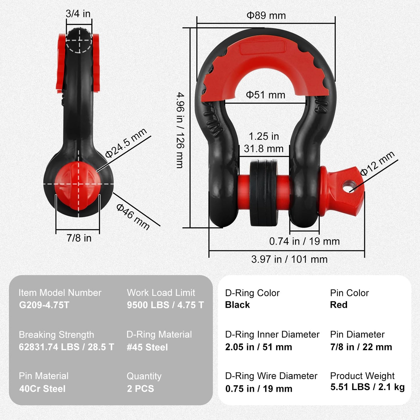 VEVOR 3/4" D Ring Shackle, Black Shackles for Truck with 7/8” Screw Pin 62832 lbs (28.5 Ton) Break Strength Red Isolator Washers Kit, Winch Towing Shackle for Truck Jeep Heavy Duty Off Road Recovery
