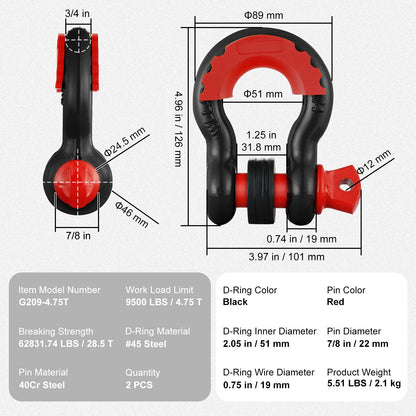 VEVOR 3/4" D Ring Shackle, Black Shackles for Truck with 7/8” Screw Pin 62832 lbs (28.5 Ton) Break Strength Red Isolator Washers Kit, Winch Towing Shackle for Truck Jeep Heavy Duty Off Road Recovery
