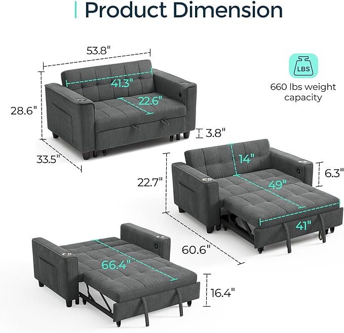 LINSY 54" Pull Out Couch with Charging Station