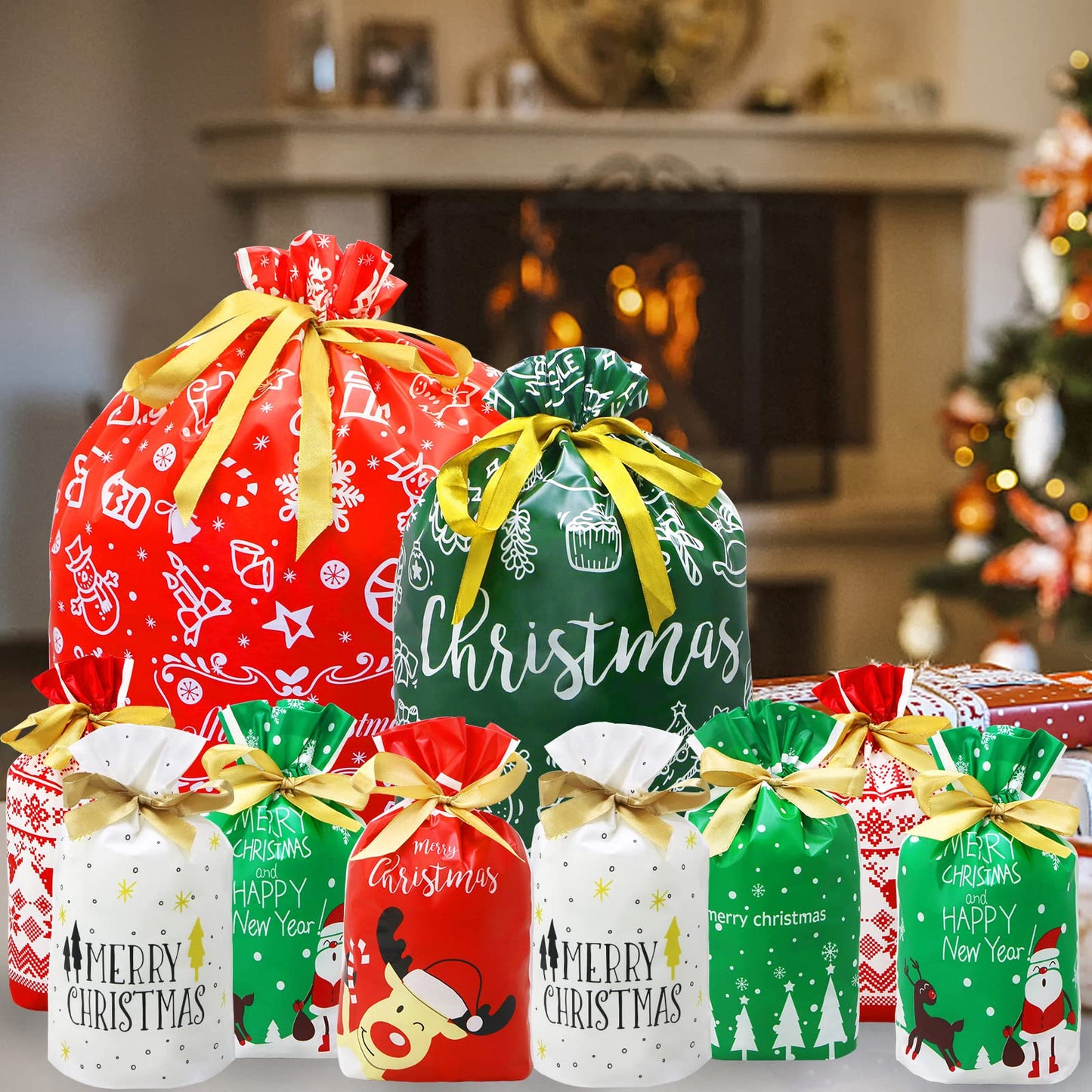 ZMCINER 38 PCS Christmas Drawstring Gift Bags Assorted Sizes Christmas Bags Drawstring for Gifts for Xmas Holiday Presents Party Favor