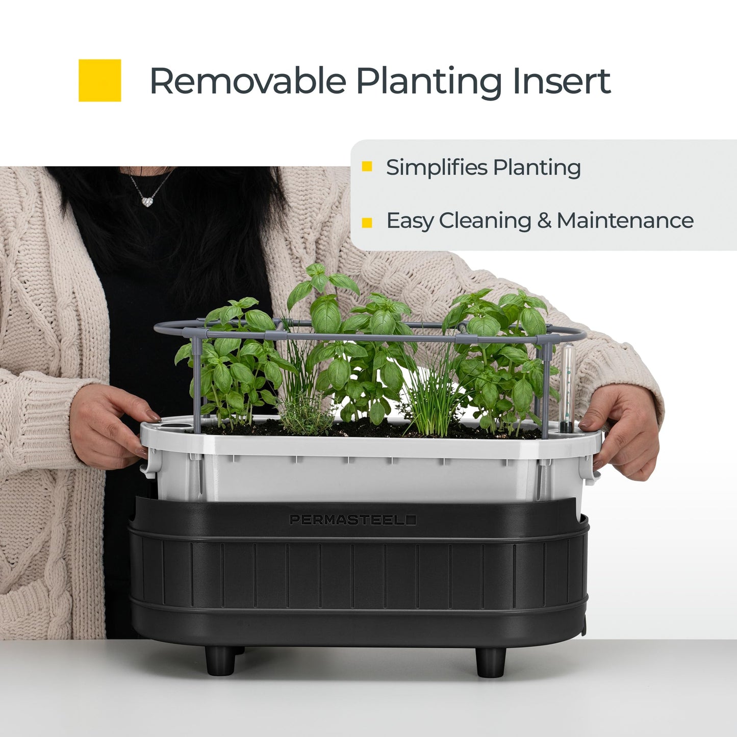 Permasteel Herb Garden Planter with Trellis Support, Self-Watering System with Water Level Indicator, Fits Multiple Herb Plants, for Basil, Flowers, Succulents, Indoor & Outdoor, Black