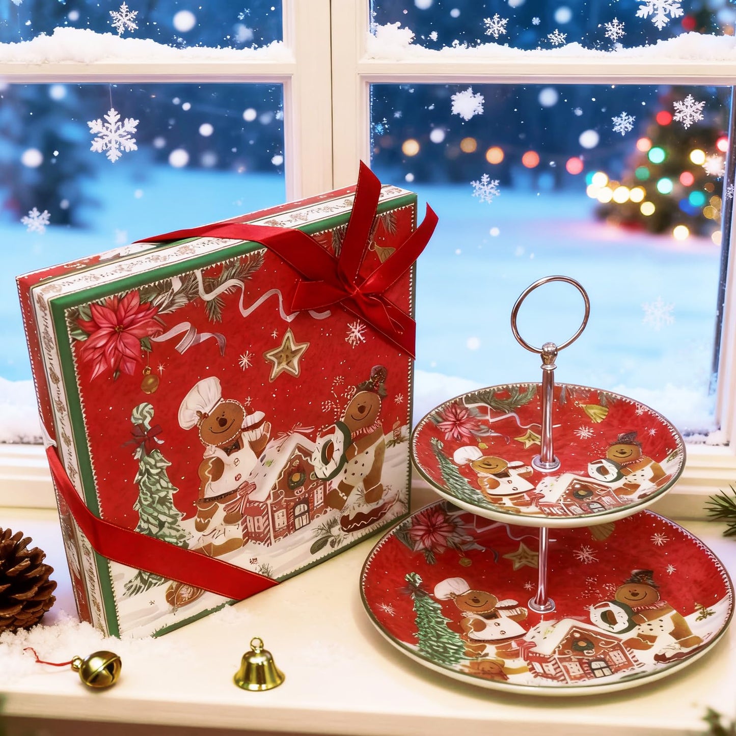 2-Tier Red Round Porcelain XMAS Cake Fruit Stand Plate with Gift Box, Cupcake Serving Display Ceramic Pastry Tray Towers Platter Set for Dessert Appetizer Candy Buffet for Home Party - Gingerbread Man