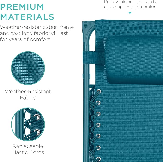 Best Choice Products Folding Zero Gravity Outdoor Recliner Patio Lounge Chair w/Adjustable Canopy Shade, Headrest, Side Accessory Tray, Textilene Mesh - Peacock