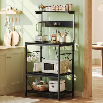 SUPERJARE Kitchen Bakers Rack with Power Outlet, Coffee Bar Table 4 Tiers, Kitchen Microwave Stand with 6 S-shaped Hooks, Storage Shelf Rack for Spices, Pots and Pans - Rustic Brown