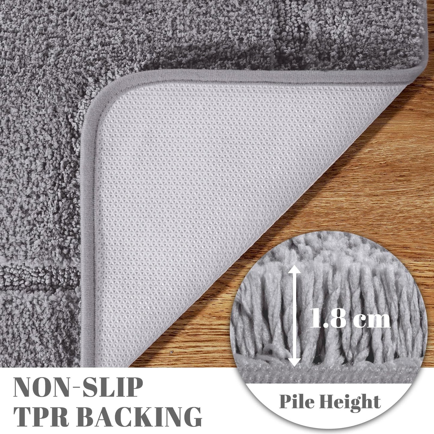SOANNY Grey Bath Mat Set of 2, High Density Soft Microfiber Non-Slip Bathroom Mats with Water Absorbent, 53x86 cm Bathtub Rug & 50x50 cm Toilet Pedestal Carpet, Shower Rugs Machine Washable