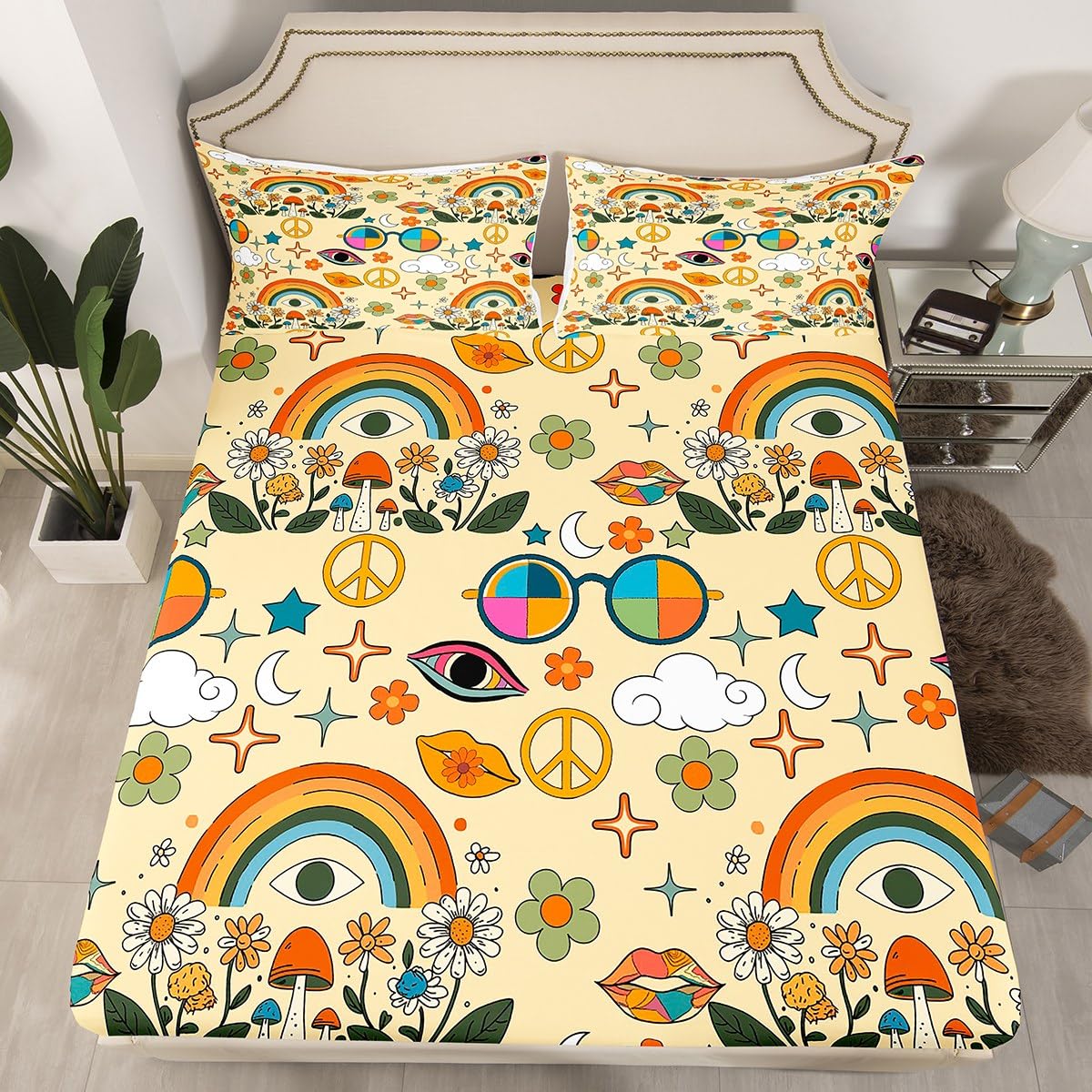 Castle Fairy Retro 70s Hippie Style Bed Sheet Set Twin Size,Mushroom Fitted Sheet + 1 Flat + 1 Pillow Sham,Rainbow Floral Stars Moon Bedding Set for Kids Boys Xmas Gift, Soft Fabric