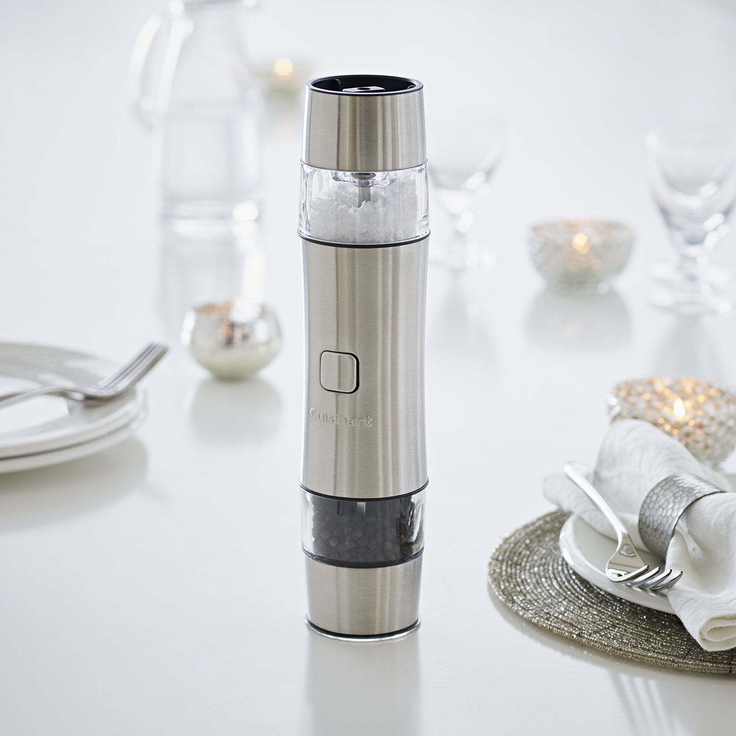 Cuisinart Electric Salt and Pepper Grinder Set Rechargeable Seasoning Mill No Batteries Needed, 20 Min Charging Measuring Cap Adjustable Grind Settings 3 Year Guarantee Silver