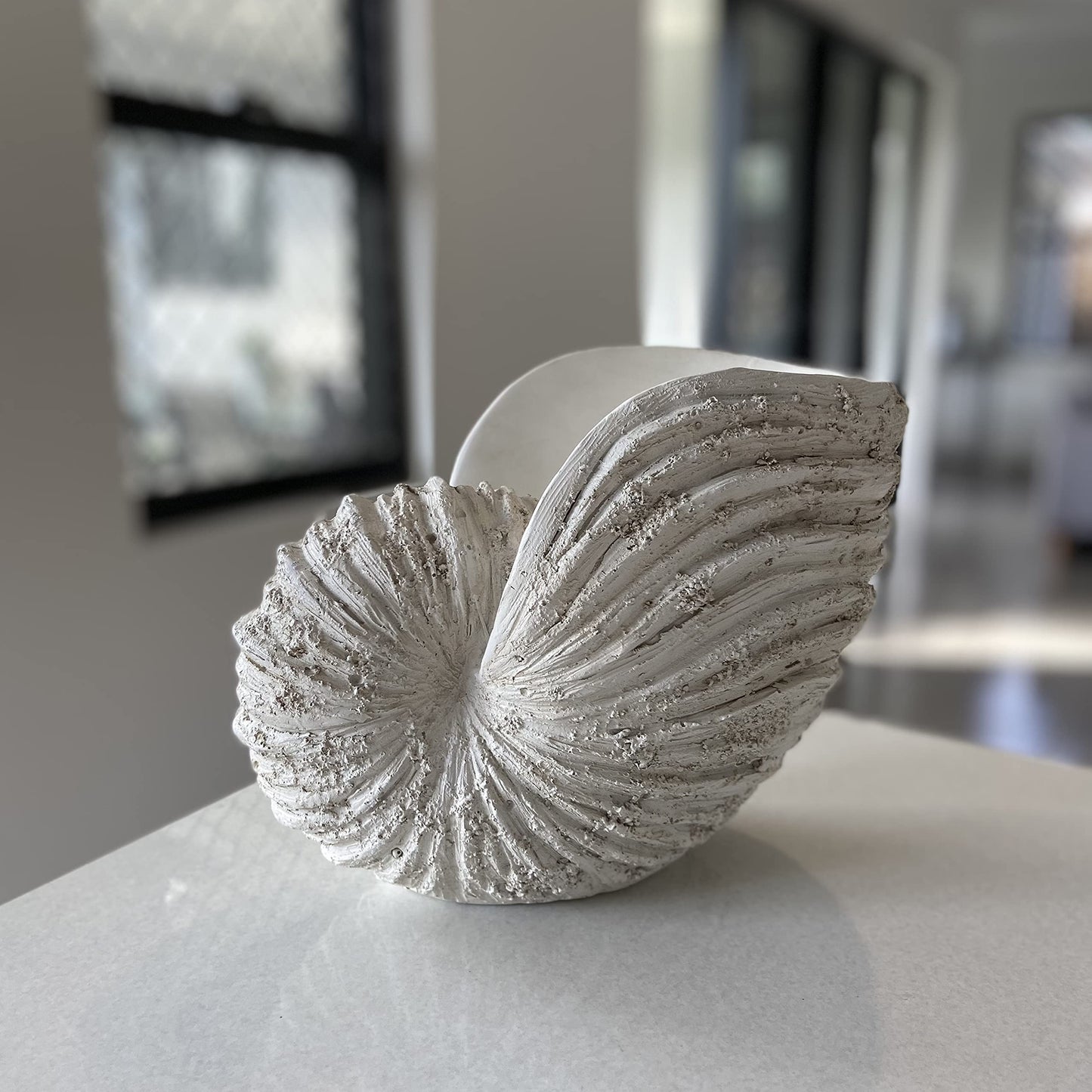 Huey House Large Nautilus Shell Sculpture, White Seashell Beach Decor