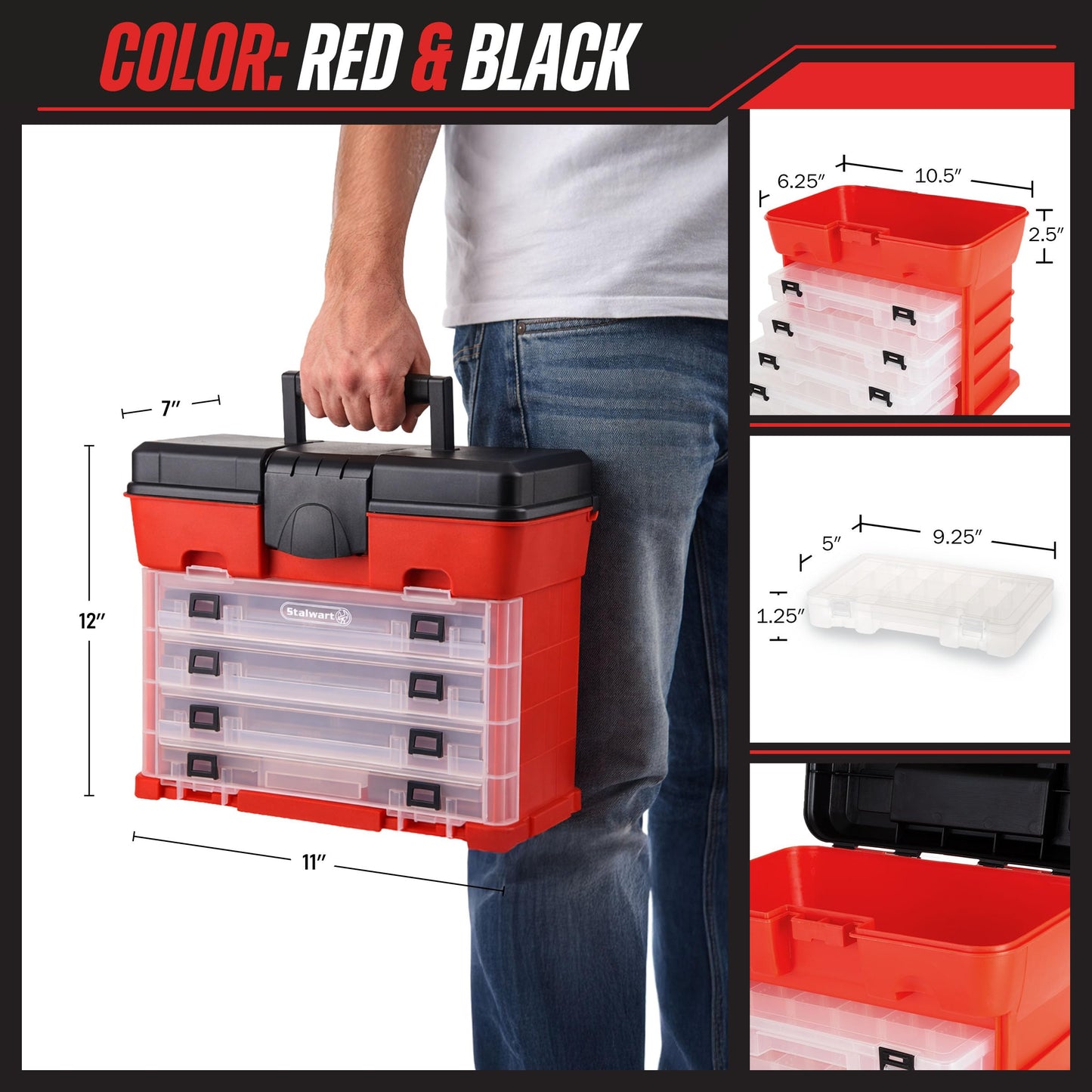 Small Parts Organizer Box - 11-Inch Portable Storage Case with 4 Removable Multi-Compartment Trays for Screws, Beads, Small Fishing Tackle, Hardware, and Craft Supplies by Stalwart (Red)