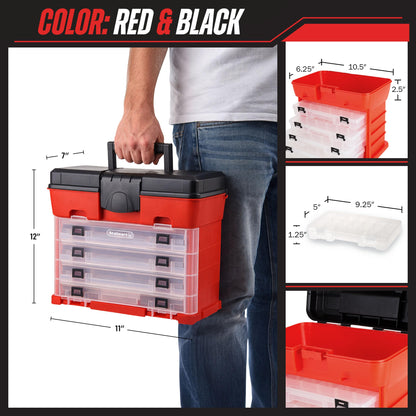 Small Parts Organizer Box - 11-Inch Portable Storage Case with 4 Removable Multi-Compartment Trays for Screws, Beads, Small Fishing Tackle, Hardware, and Craft Supplies by Stalwart (Red)