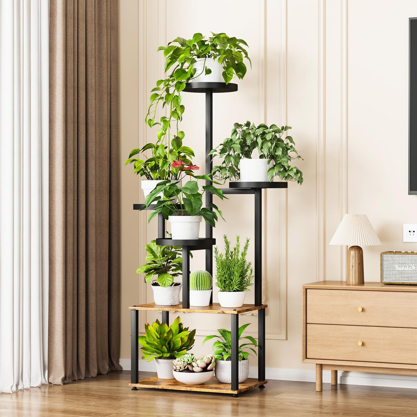 LMGVRZK Plant Stand 6 Tier Indoor Metal Plant Shelf for Multiple Plants Corner Tall Flower Holders for Living Room Bedroom Patio Balcony, Black (6 Tier-Extra Large-Black+Rustic Brown)