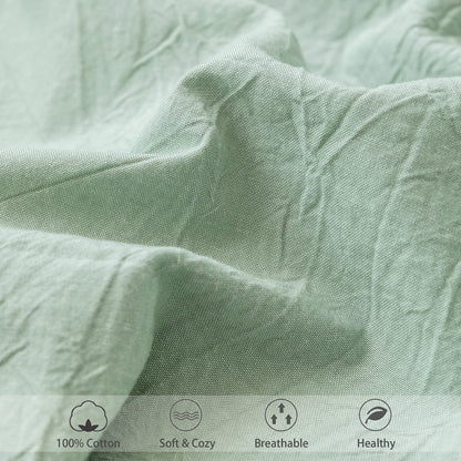 MooMee Fitted Bottom Sheet Only 100% Washed Cotton Linen Like Textured Breathable Durable Soft Comfy Deep Pocket Fits Mattress up to 17" (Sage Green, Queen)