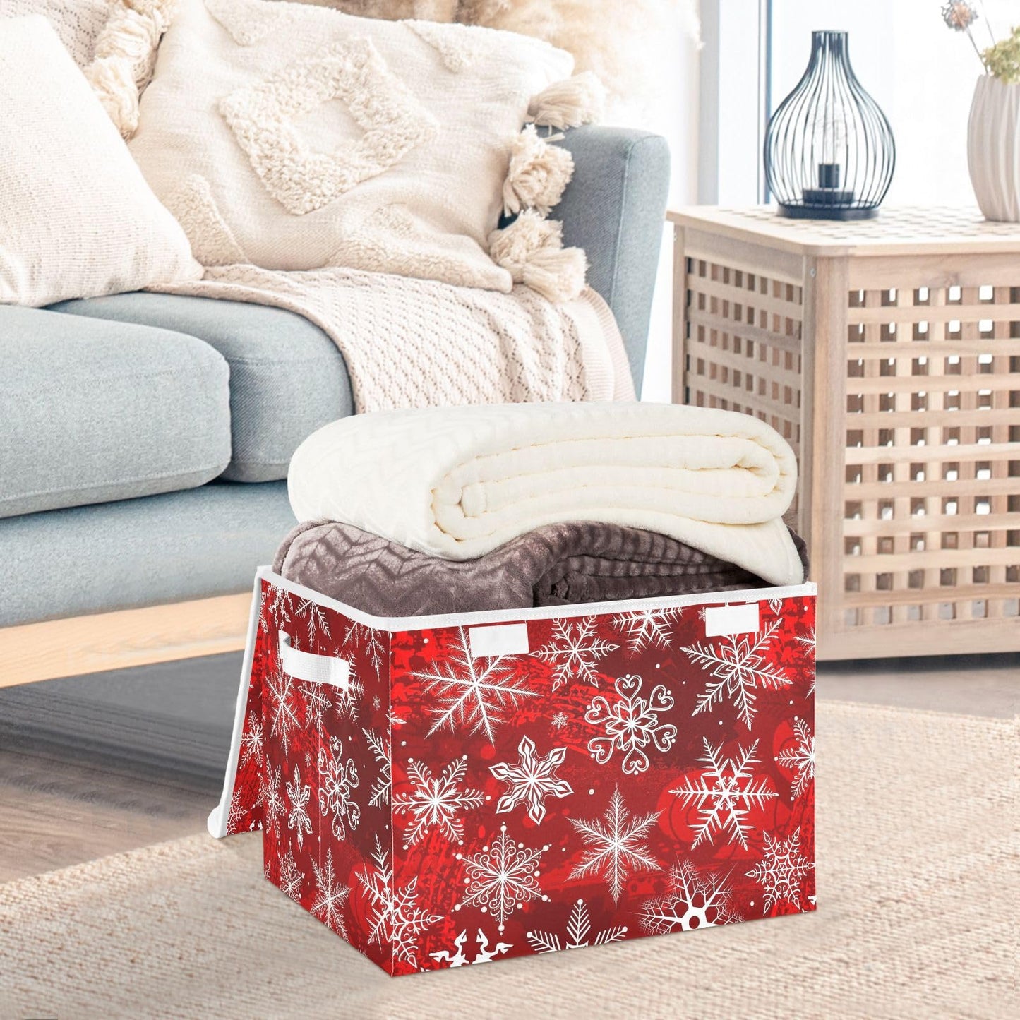 senya Christmas Baskets Collapsible Storage Bins with Lids, Christmas Red Pattern with Snowflakes Flower Storage Boxes Clothes Baskets for Organizing