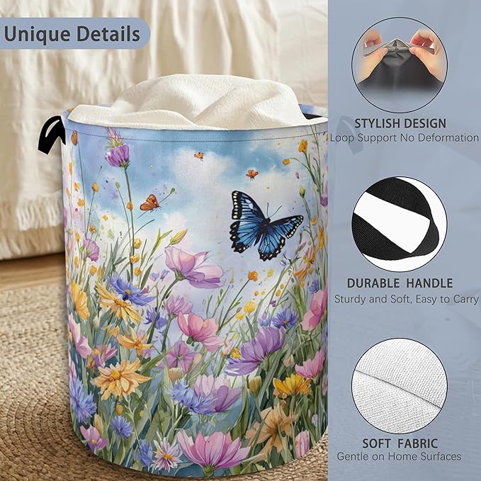 Wildflowers Butterfly Laundry Basket, Floral Garden Oxford Cloth Laundry Hamper
